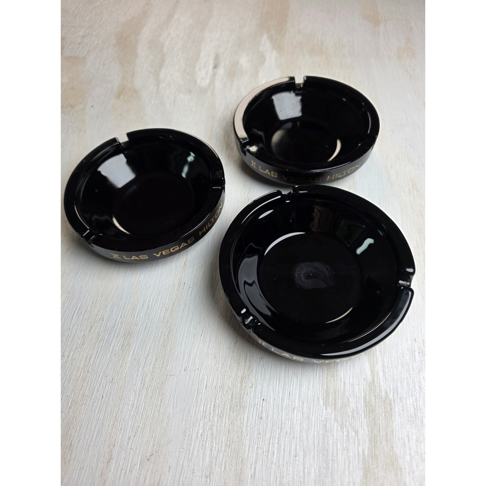 Vintage Las Vegas Hilton Black Glass Ashtray Set of 3 Gold Lettering Casino Y2K